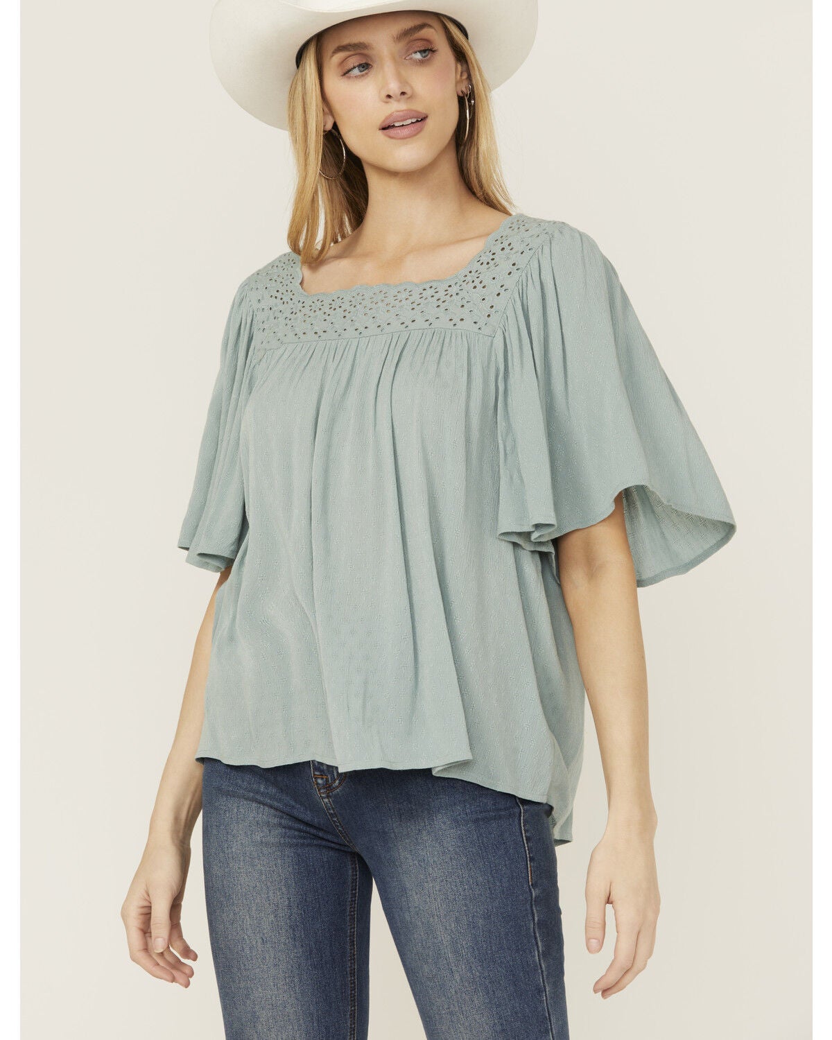 Band Of The Free Women's Solid Short Sleeve Ruffle Blouse, Blue, hi-res