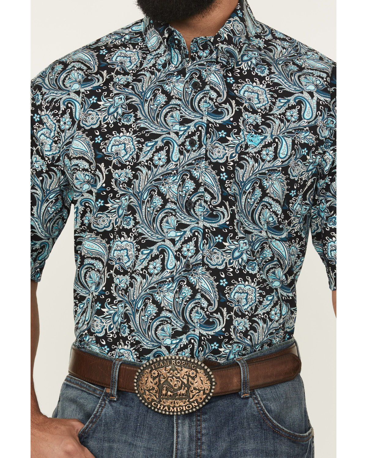 Image #3 - Cinch Men's Paisley Print Short Sleeve Button-Down Western Shirt, Black, hi-res