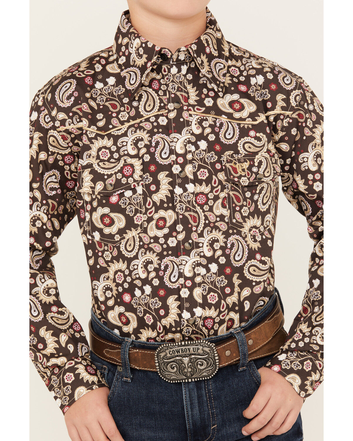 Image #3 - Cowboy Hardware Boys' Mixed Paisley Print Long Sleeve Snap Western Shirt, Chocolate, hi-res
