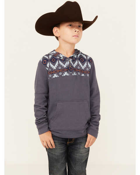 Image #1 - Rock & Roll Denim Boys' Southwestern Print Long Sleeve Hooded Pullover, Steel Blue, hi-res