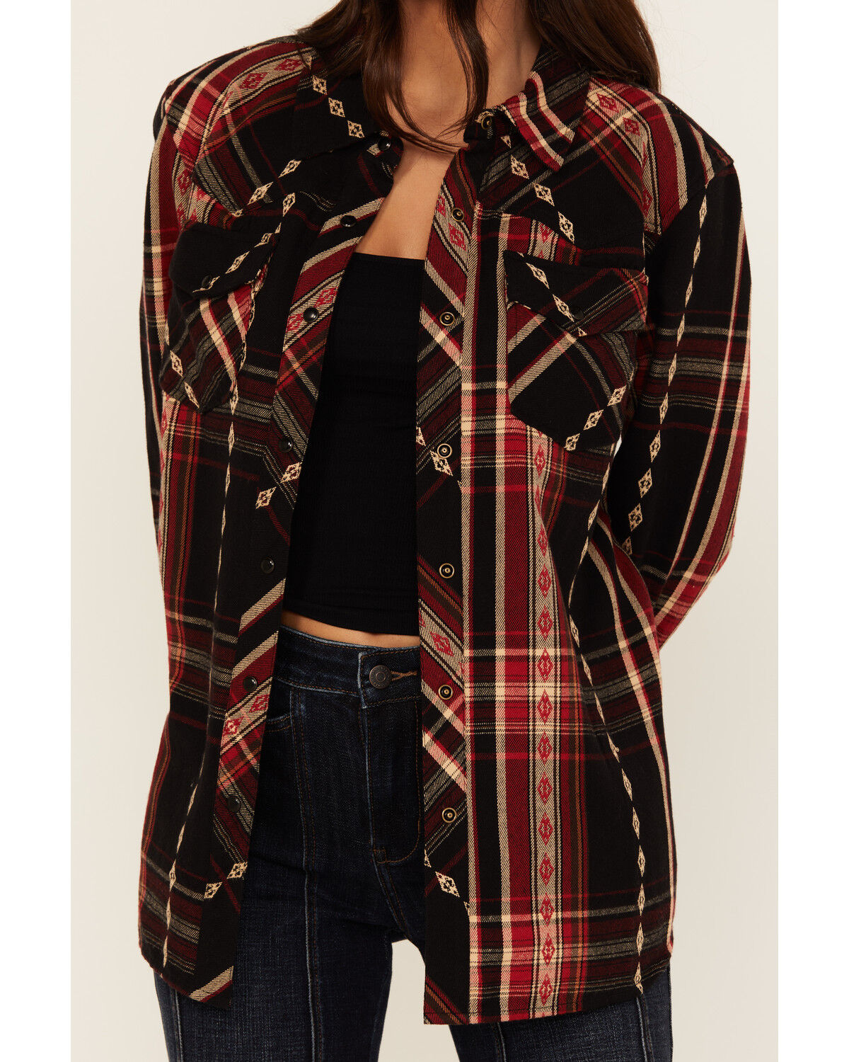Image #3 - Idyllwind Women's Glenmond Dobby Plaid Print Long Sleeve Snap Flannel Shirt, Black, hi-res