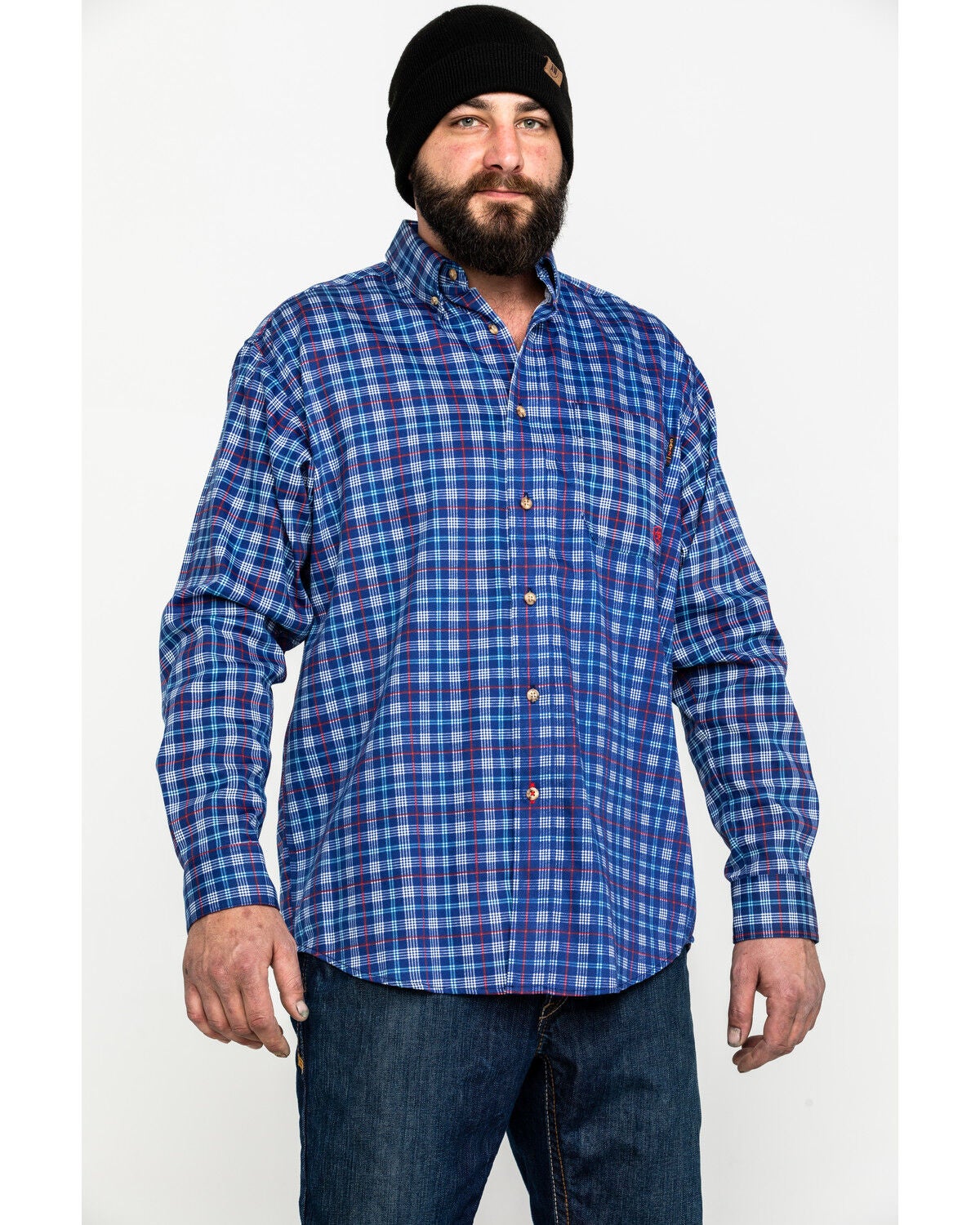 Ariat Men's Collins FR Plaid Print Long Sleeve Button-Down Work Shirt, Blue, hi-res