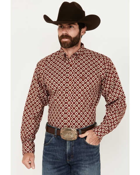 Ariat Men's Nevil Southwestern Print Long Sleeve Button-Down Shirt, Wine, hi-res