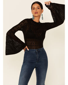 Shyanne Women's Black Crochet Lace Bell Sleeve Sweater , Black, hi-res