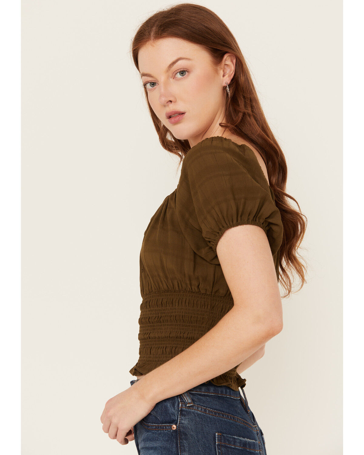 Image #2 - Shyanne Women's Puff Sleeve Smocked Bodice Top, Forest Green, hi-res