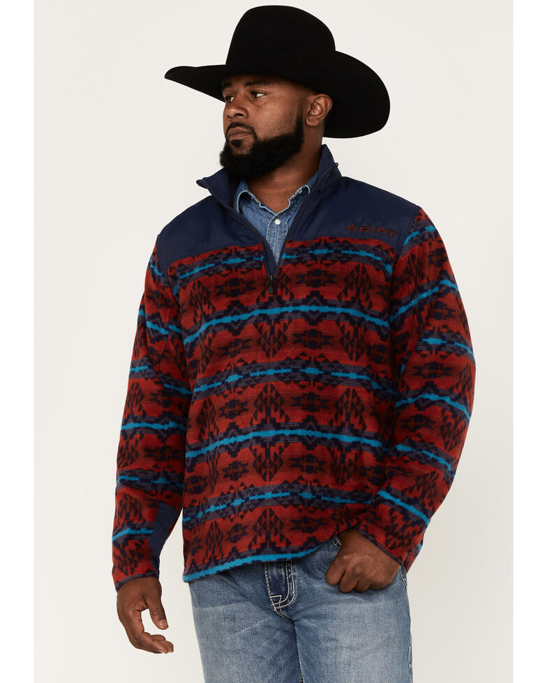 Ariat Men's Ocean Depths Southwestern Print Basis 2.0 1/4 Zip Front Fleece Pullover , Red, hi-res