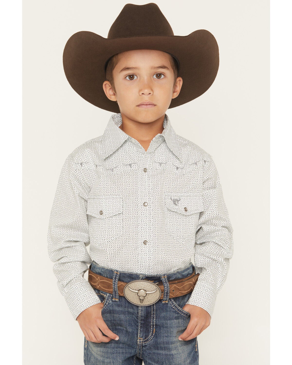 Cowboy Hardware Boys' Geo Print Long Sleeve Pearl Snap Stretch Western Shirt, White, hi-res