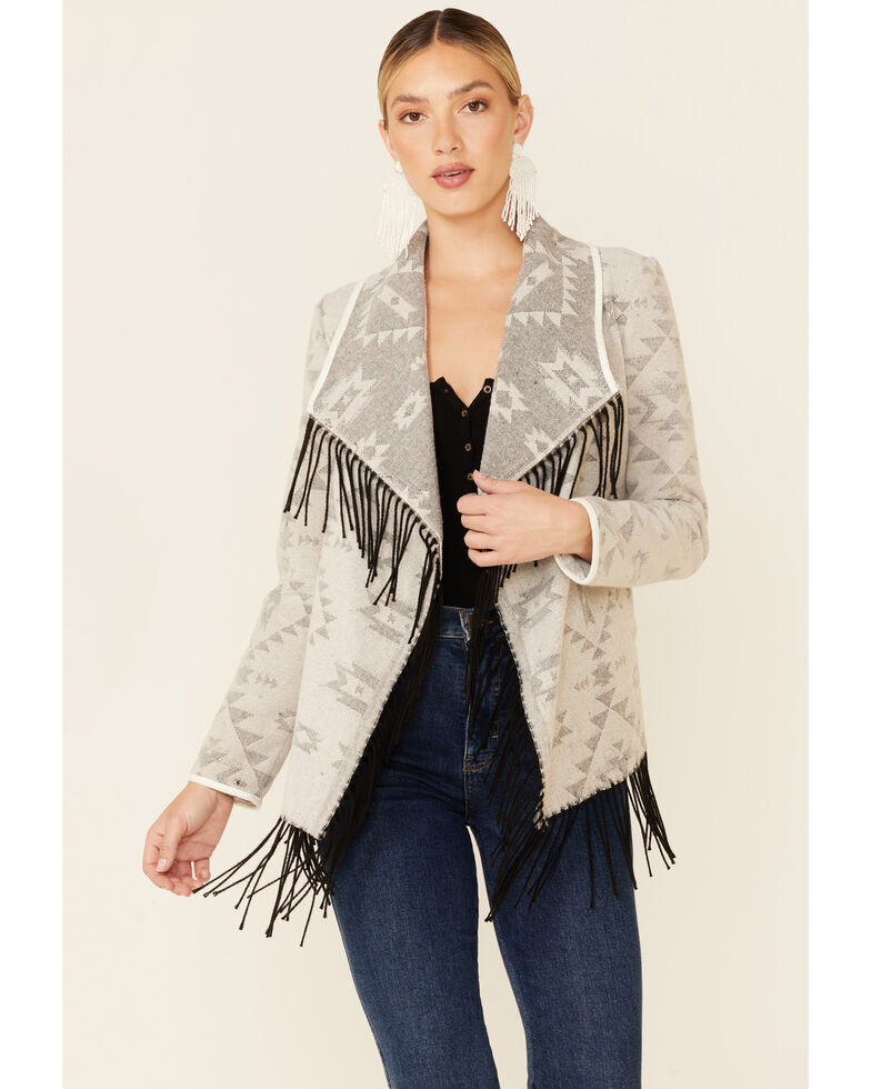 Powder River Outfitters Women's Cream Southwestern Print Self Fringe Open Front Wool Jacket , Cream, hi-res