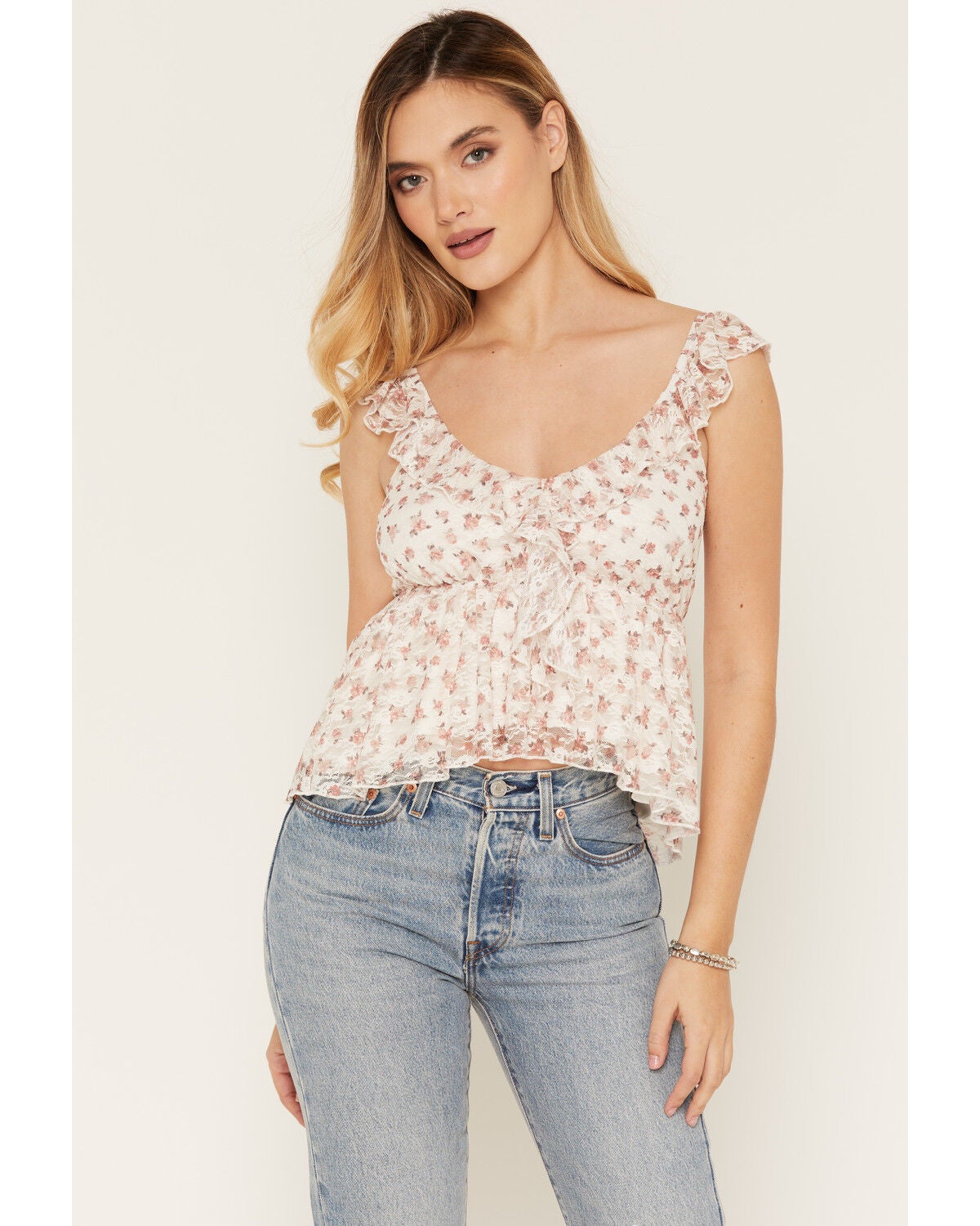 Image #3 - Cleo + Wolf Women's Floral Print Lace Sleeveless Shirt, Ivory, hi-res