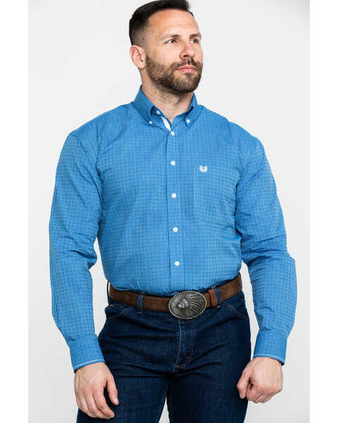 Rough Stock by Panhandle Men's Asti Poplin Print Long Sleeve Western Shirt , Blue, hi-res