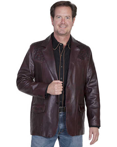 Scully Men's Ostrich Trim Leather Blazer - Regular / Big and Tall, Black Cherry, hi-res