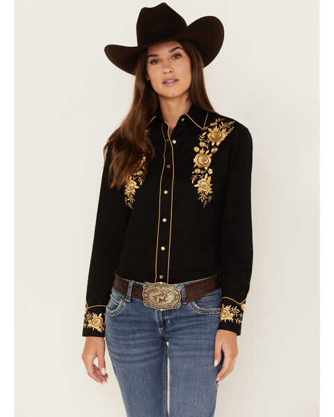 Rockmount Ranchwear Women's Cascading Embroidered Floral Print Long Sleeve Western Shirt, Black, hi-res