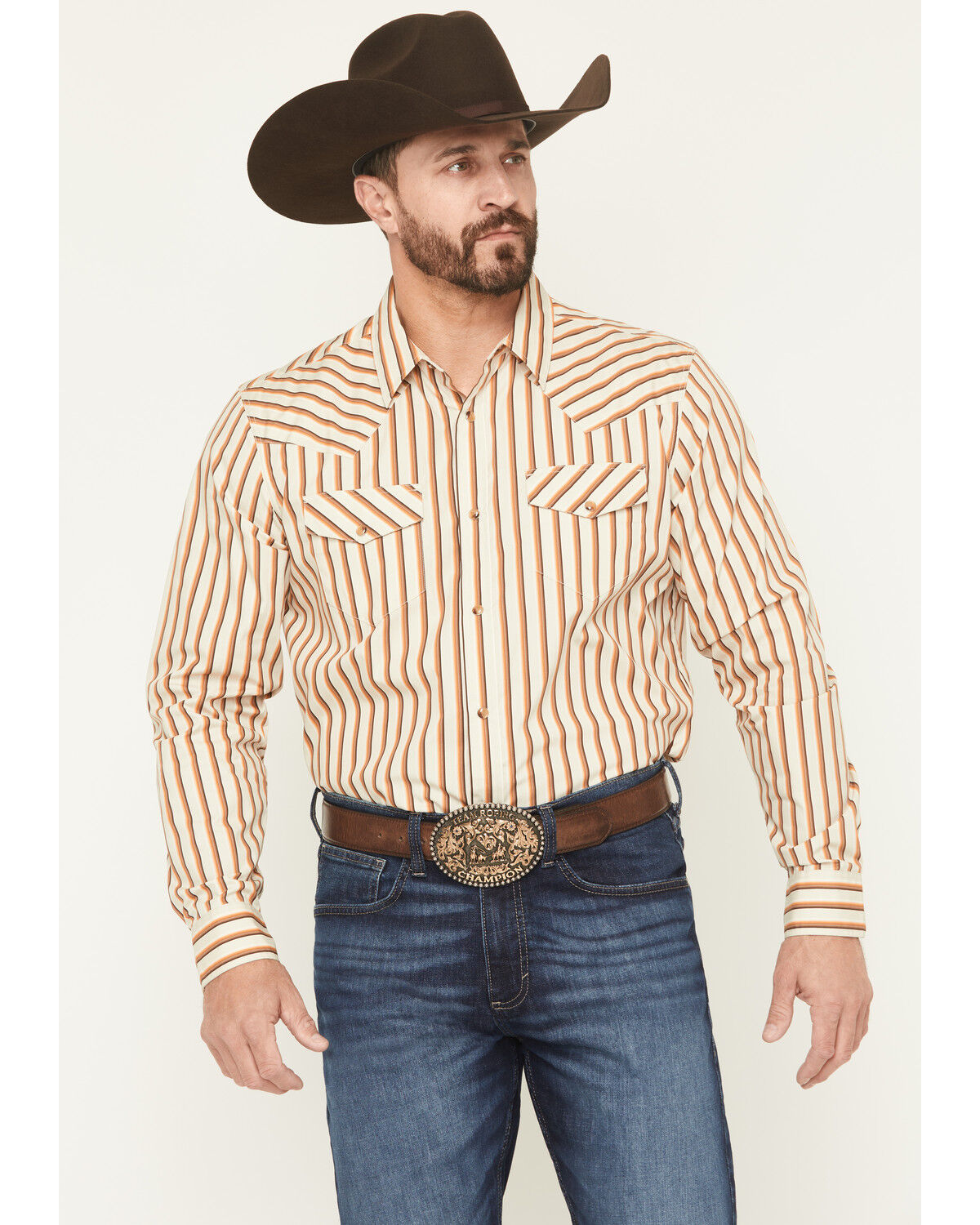 Image #1 - Gibson Trading Co Men's Sand Trap Striped Long Sleeve Snap Western Shirt - Big, Tan, hi-res
