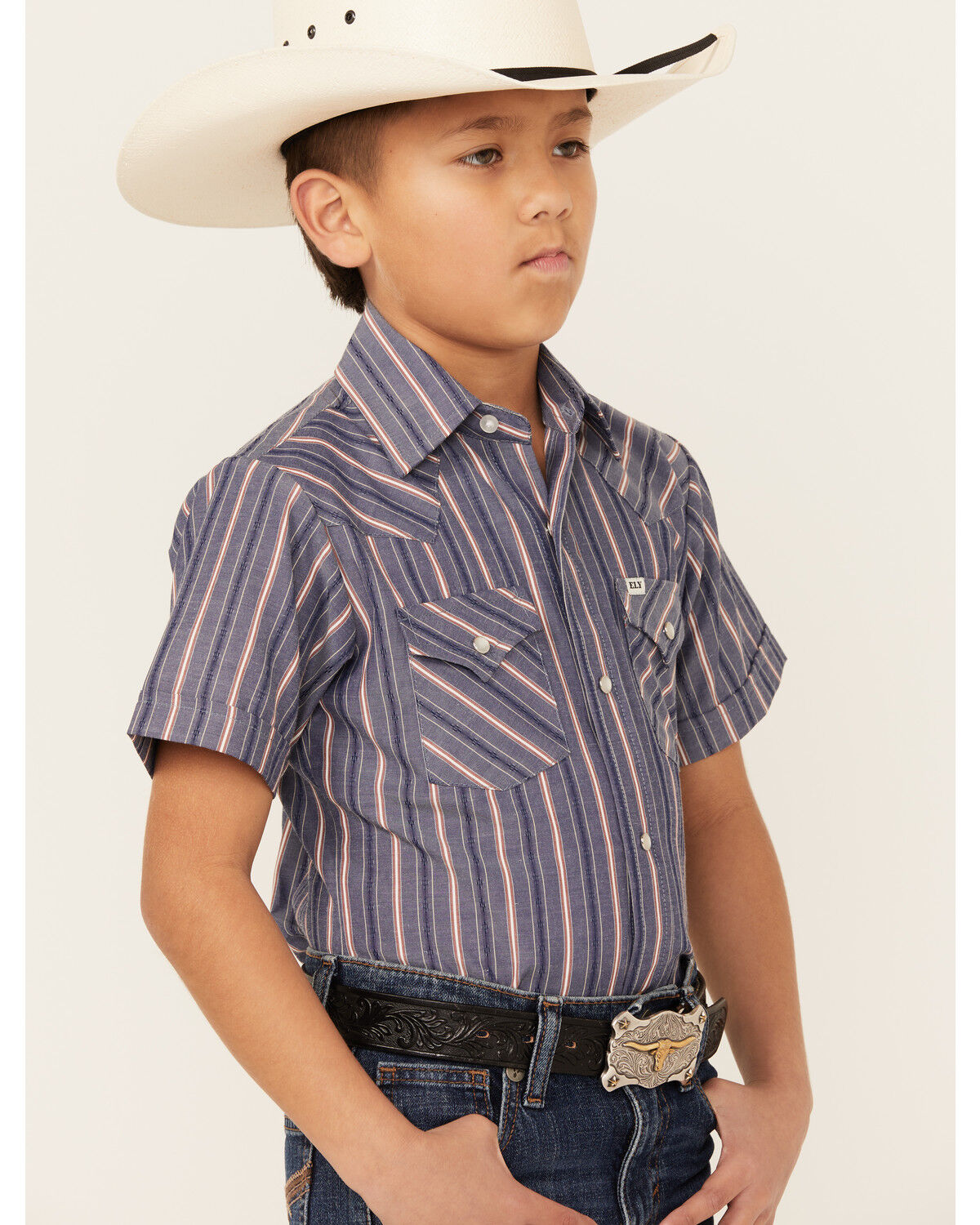 Image #2 - Ely Walker Boys' Dobby Striped Short Sleeve Pearl Snap Western Shirt, Blue, hi-res