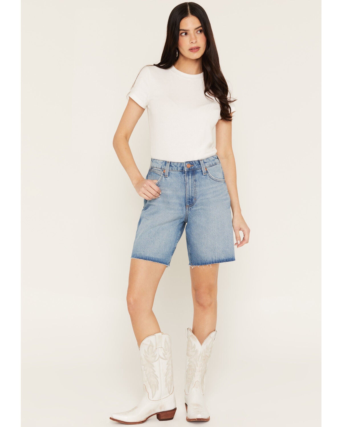 Wrangler Women's Riyah Medium Wash High Rise Cowboy Stretch Denim Shorts, Medium Wash, hi-res