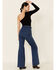Flying Tomato Women's Self-Tie Sash Flare Jeans, Blue, hi-res