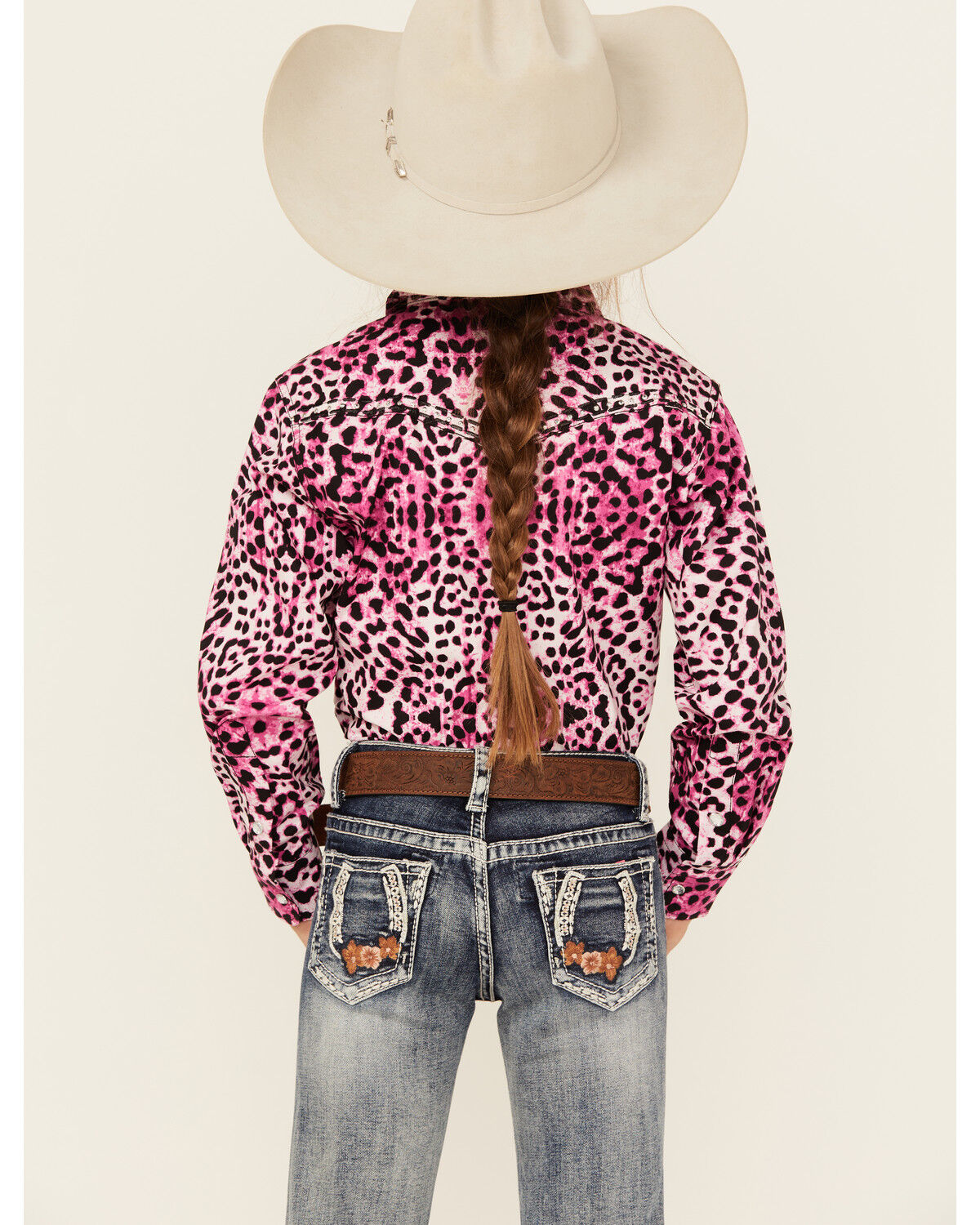 Image #4 - Cowgirl Hardware Girls' Leopard Print Long Sleeve Snap Western Shirt, Pink, hi-res