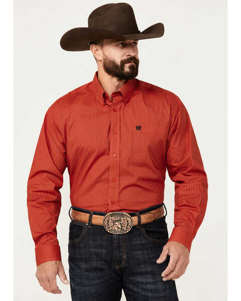 Cinch Men's Geo Print Long Sleeve Button-Down Stretch Western Shirt, Red, hi-res