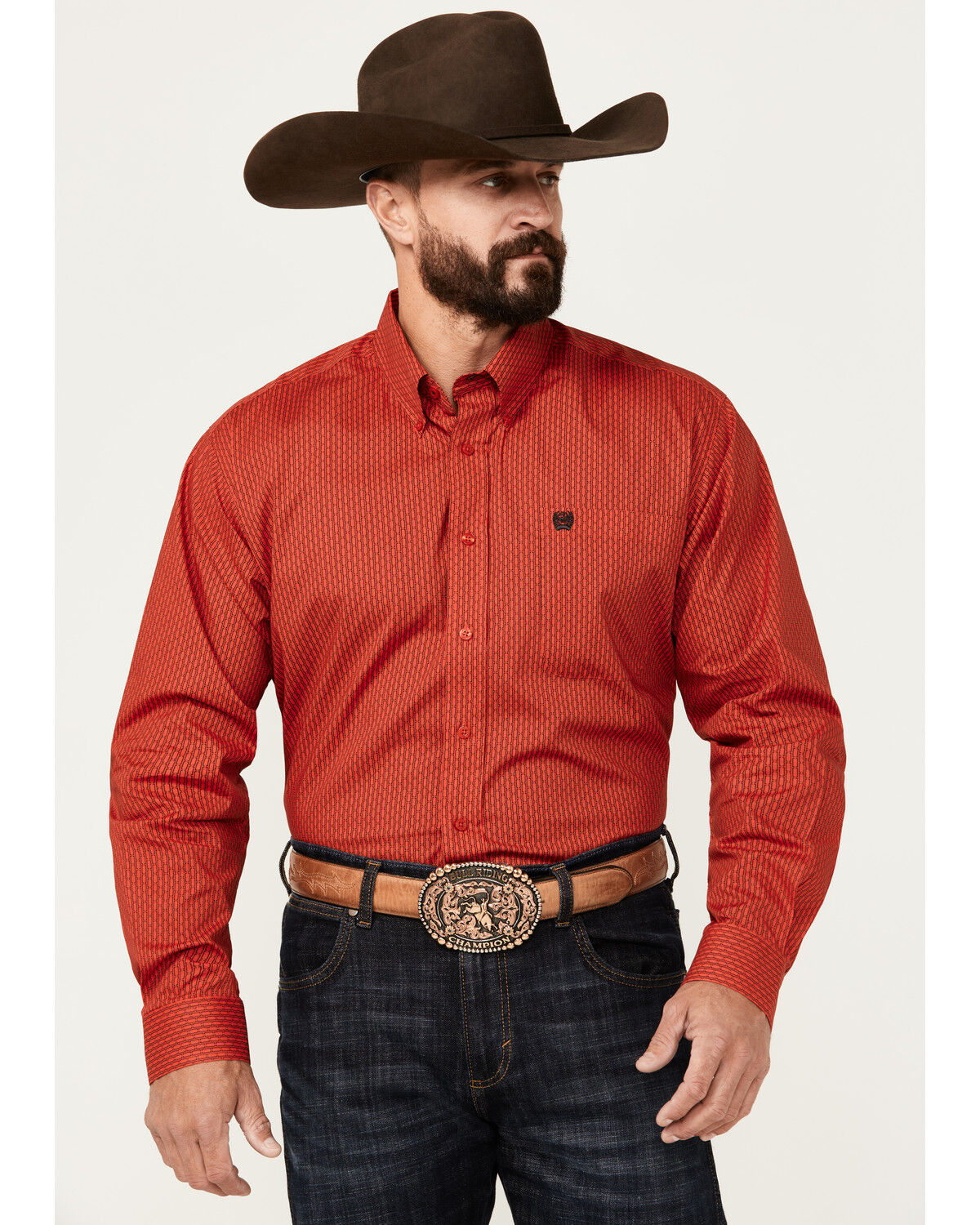 Image #1 - Cinch Men's Geo Print Long Sleeve Button-Down Stretch Western Shirt, Red, hi-res