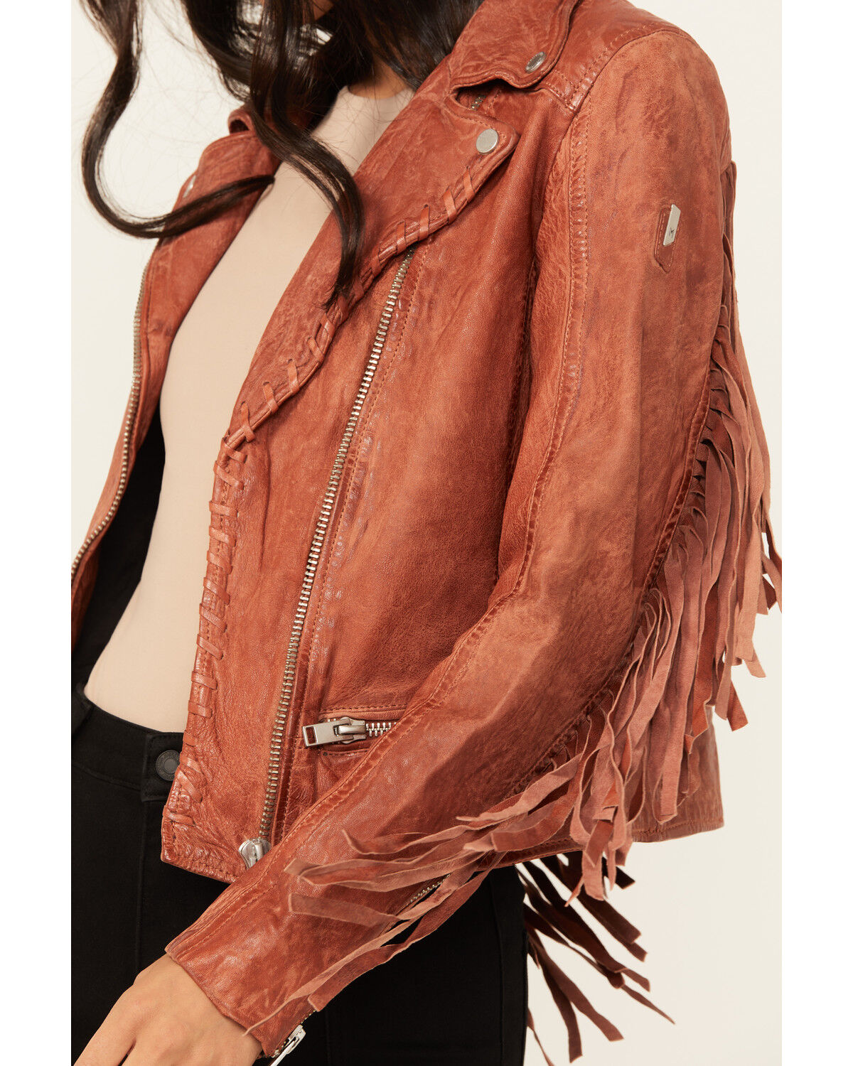 Image #3 - Mauritius Leather Women's Zoe RF Fringe Sleeve Leather Moto Jacket, , hi-res