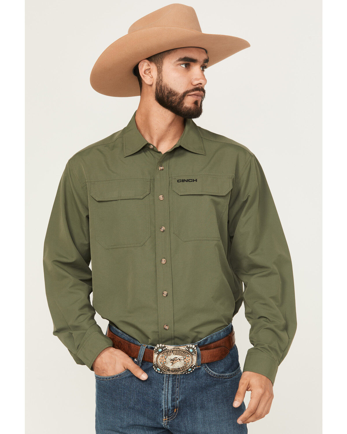 Image #1 - Cinch Men's Solid Long Sleeve Button-Down Performance Stretch Western Shirt, Green, hi-res