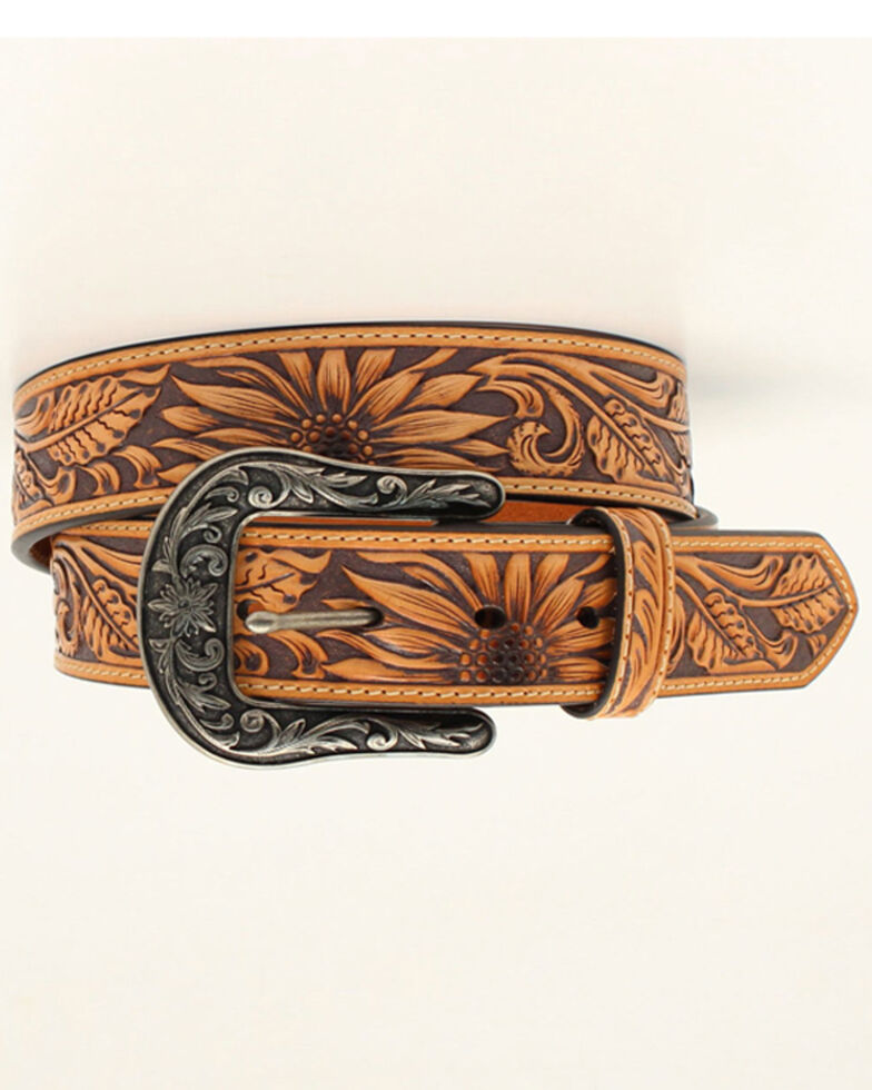 Nocona Women's Sunflower Tooled Leather Belt, Tan, hi-res