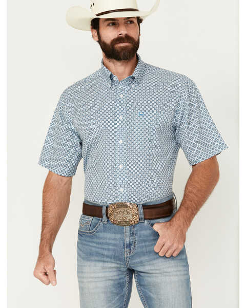 Cinch Men's ARENAFLEX Geo Print Short Sleeve Button-Down Western Shirt , White, hi-res