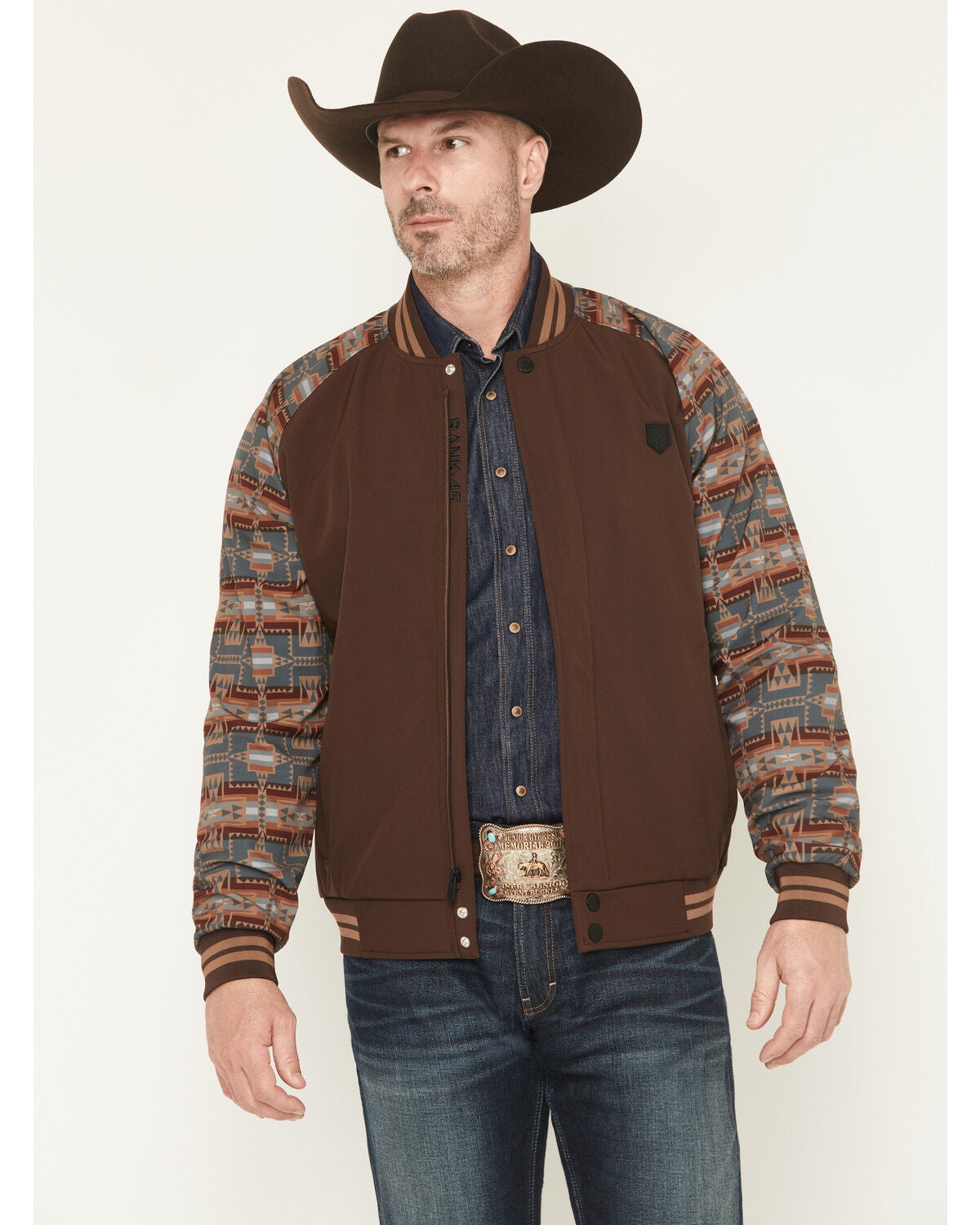 Image #1 - RANK 45&reg; Men's Calgary Southwestern Colorblock Varsity Softshell Jacket, Brown, hi-res
