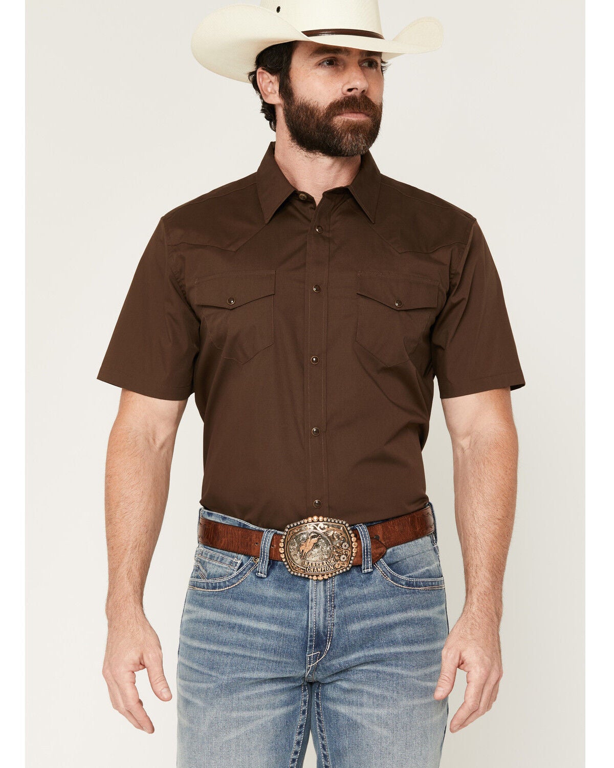 Gibson Trading Co Men's Solid Short Sleeve Snap Western Shirt - Tall, Dark Brown, hi-res
