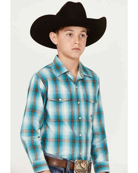 Image #2 - Roper Boys' Plaid Print Long Sleeve Pearl Snap Western Shirt, Teal, hi-res