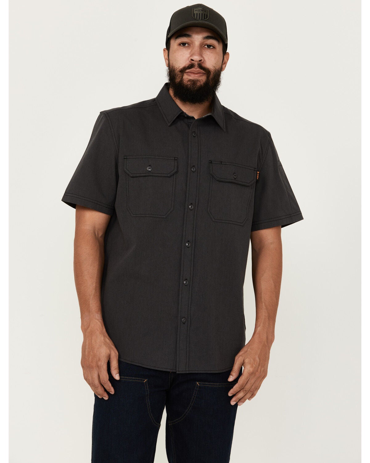 Hawx Men's Solid Short Sleeve Button-Down Work Shirt, Charcoal, hi-res