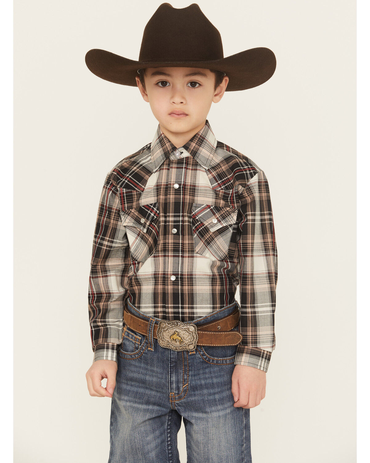 Image #1 - Ely Walker Boys' Plaid Print Long Sleeve Snap Western Shirt, Khaki, hi-res