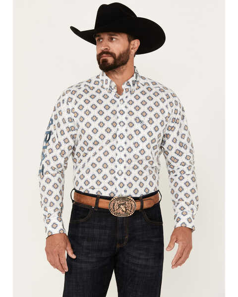 Ariat Men's Team Warner Southwestern Print Long Sleeve Button-Down Western Shirt, White, hi-res