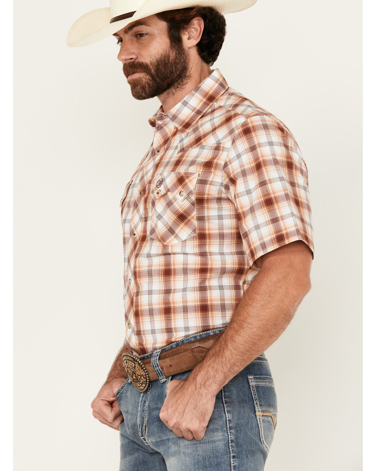 Image #2 - Wrangler Retro Men's Plaid Print Short Sleeve Snap Western Shirt, Maroon, hi-res