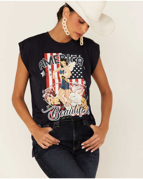 Rodeo Quincy Women's Navy America The Beautiful Graphic Short Sleeve Muscle Tee , Navy, hi-res