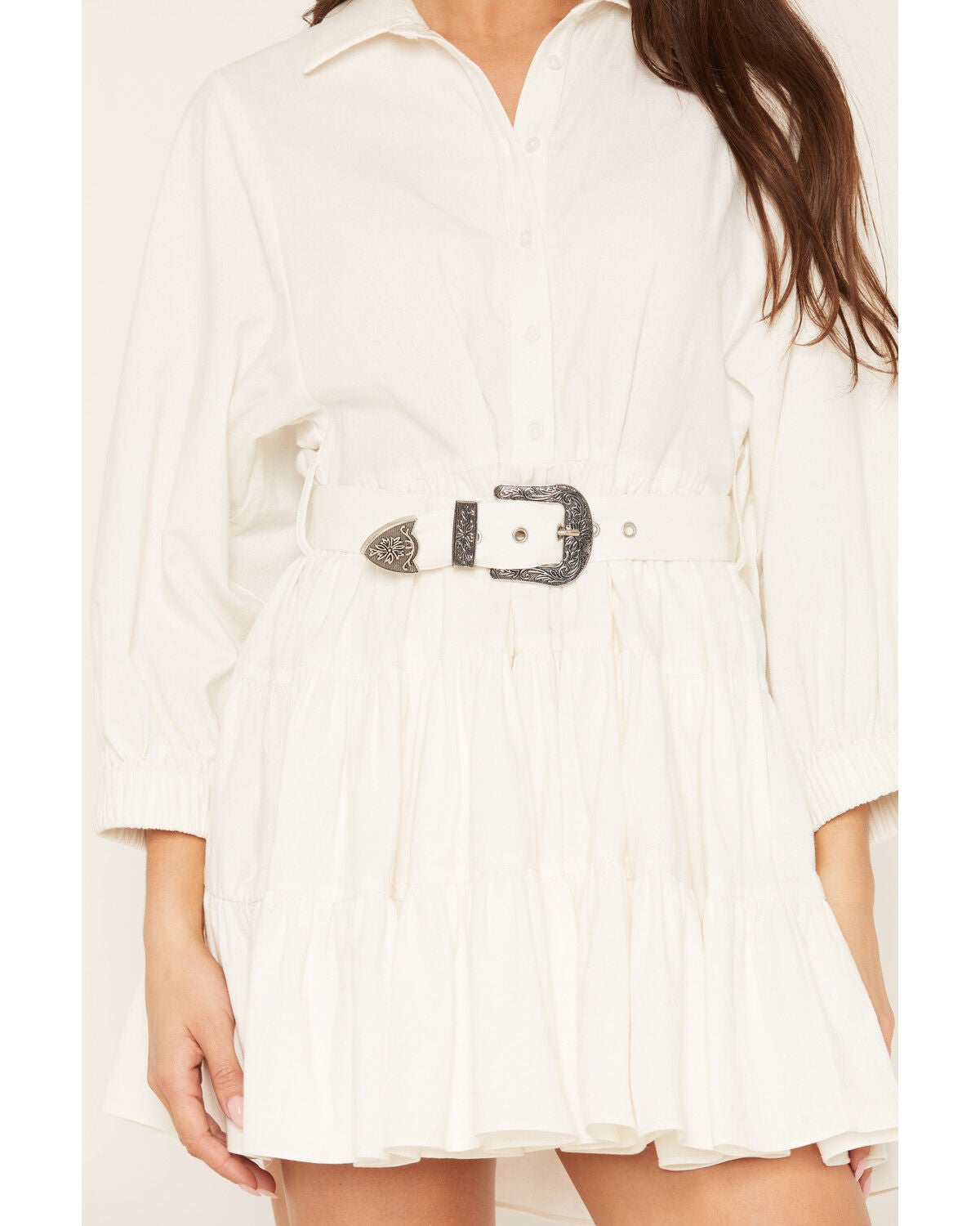Image #3 - Rock & Roll Denim Women's Long Sleeve Belted Mini Dress, White, hi-res