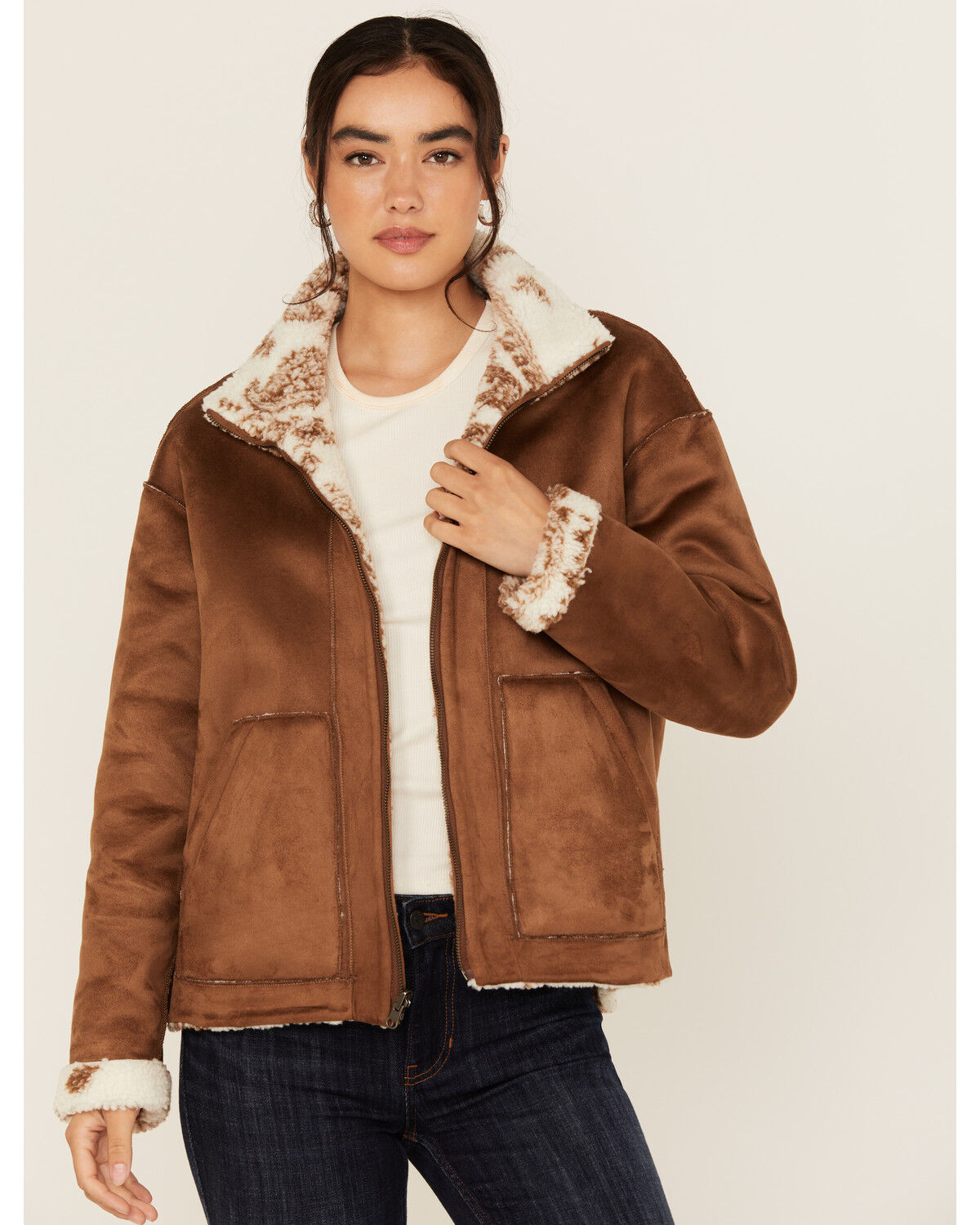 Image #3 - Idyllwind Women's Casey Reversible Faux Suede and Sherpa Zip-Up Jacket, Ivory, hi-res