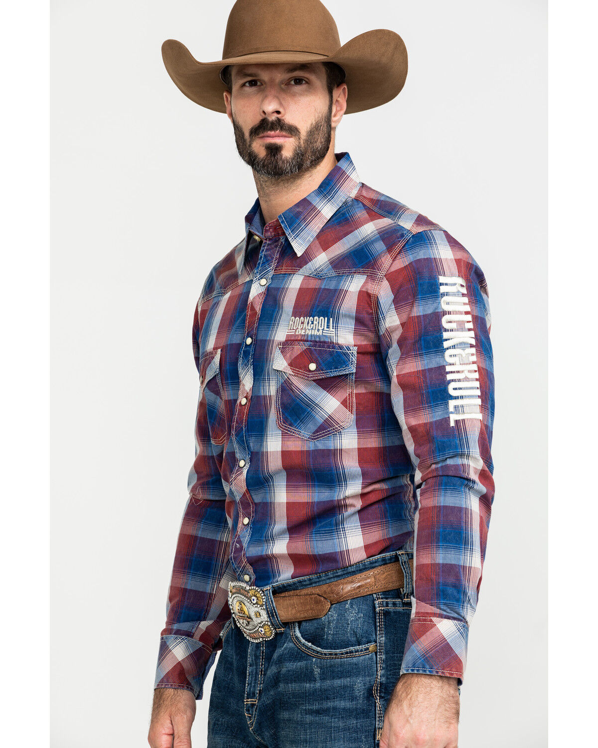 Image #3 - Rock & Roll Denim Men's Plaid Logo Long Sleeve Western Shirt, Red, hi-res