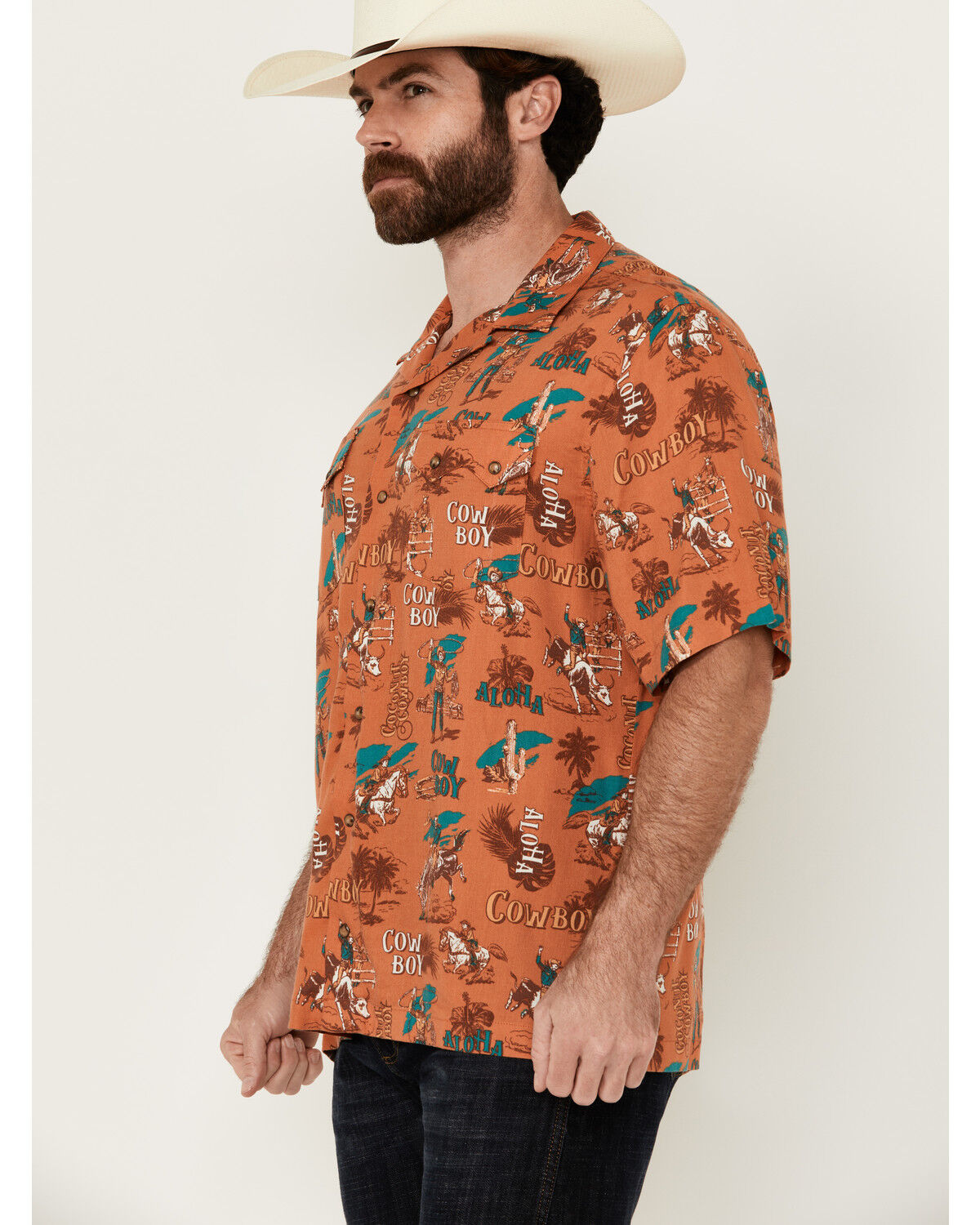 Image #2 - Wrangler Men's Conversation Print Short Sleeve Snap Western Shirt, Orange, hi-res