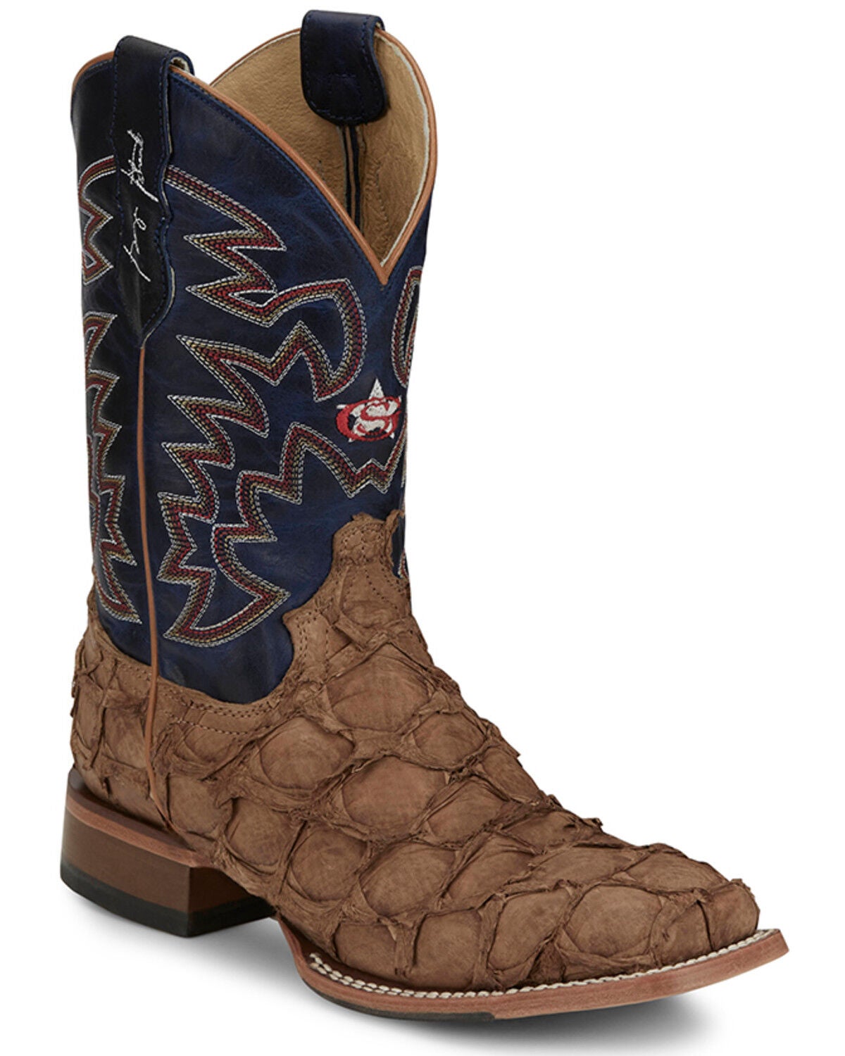 Justin Men's Ocean Front Exotic Pirarucu Western Boots - Broad Square Toe, Tan, hi-res