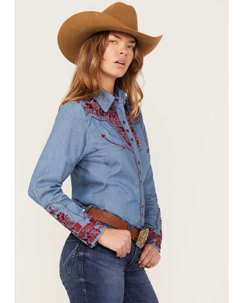 Image #2 - Scully Women's Floral Tooled Embroidered Long Sleeve Pearl Snap Western Shirt, , hi-res