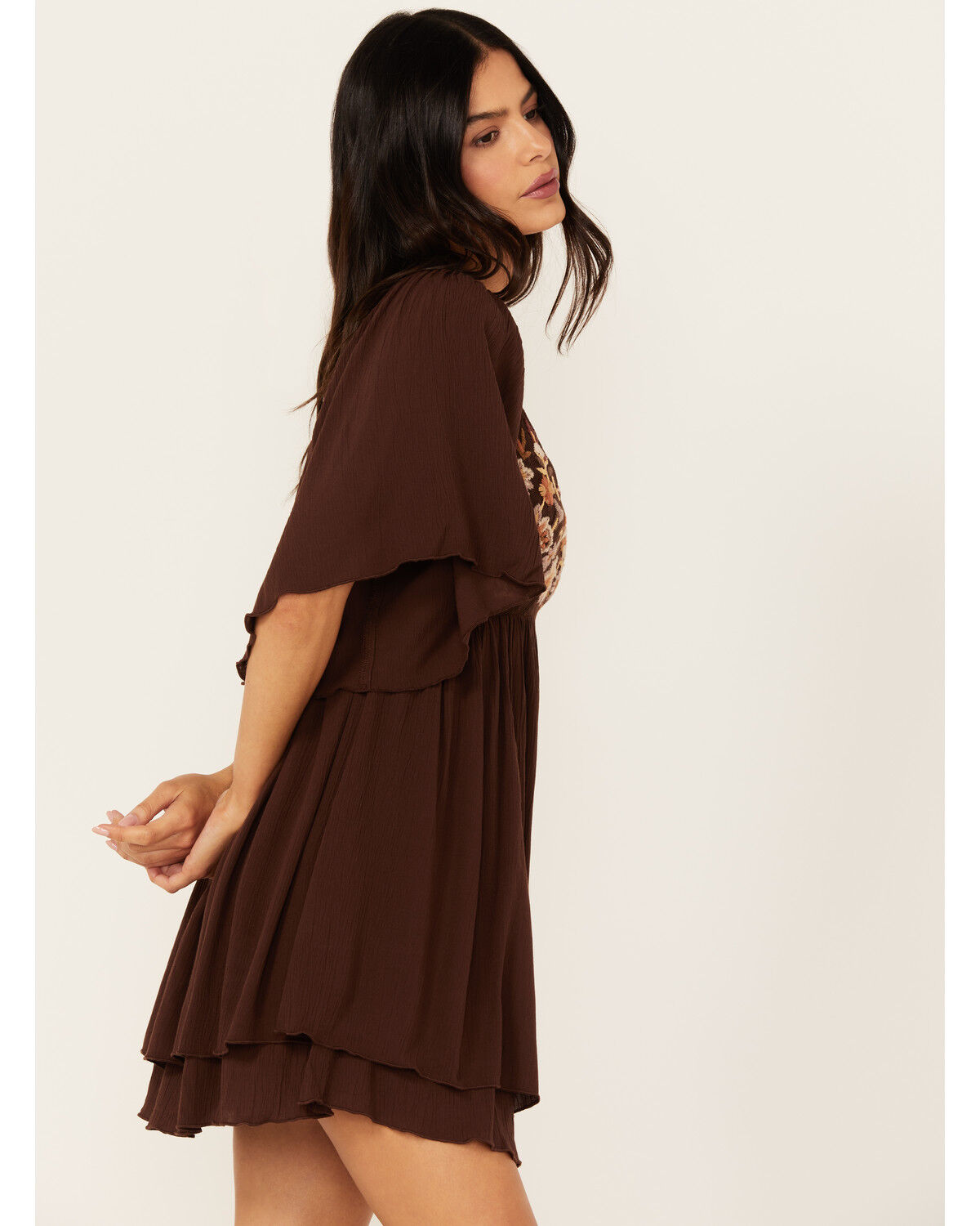 Image #2 - Shyanne Women's Embroidered Mesh Crinkle Mini Dress, Dark Brown, hi-res