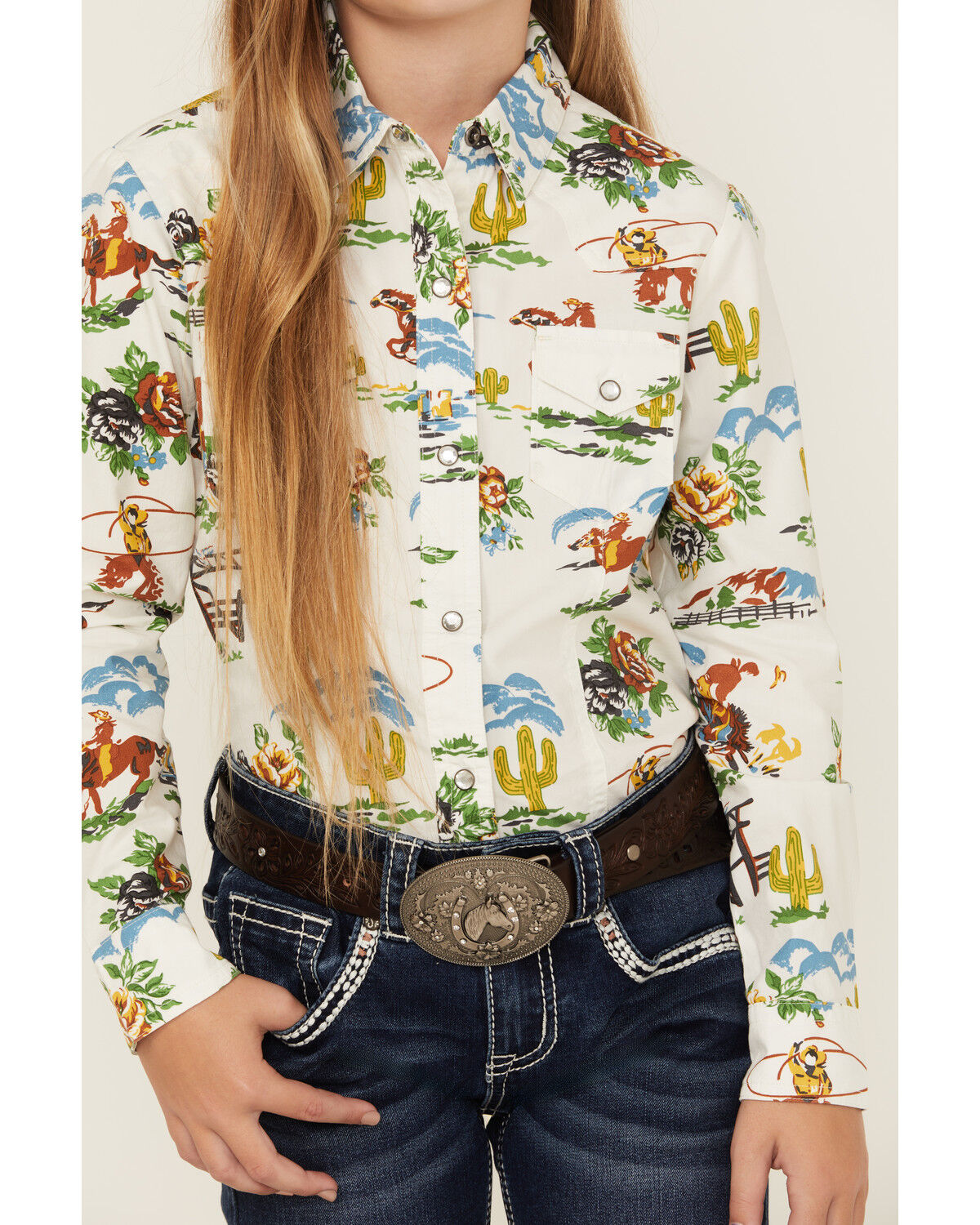 Image #3 - Cruel Girl Girls' Printed Long Sleeve Rhinestone Snap Western Shirt, Cream, hi-res