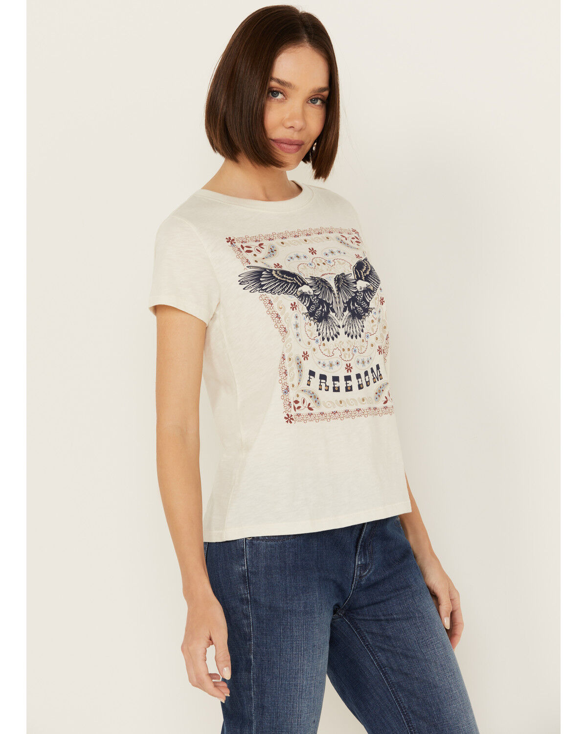 Image #2 - Shyanne Women's Be Free Studded Short Sleeve Boyfriend Graphic Tee, Cream, hi-res