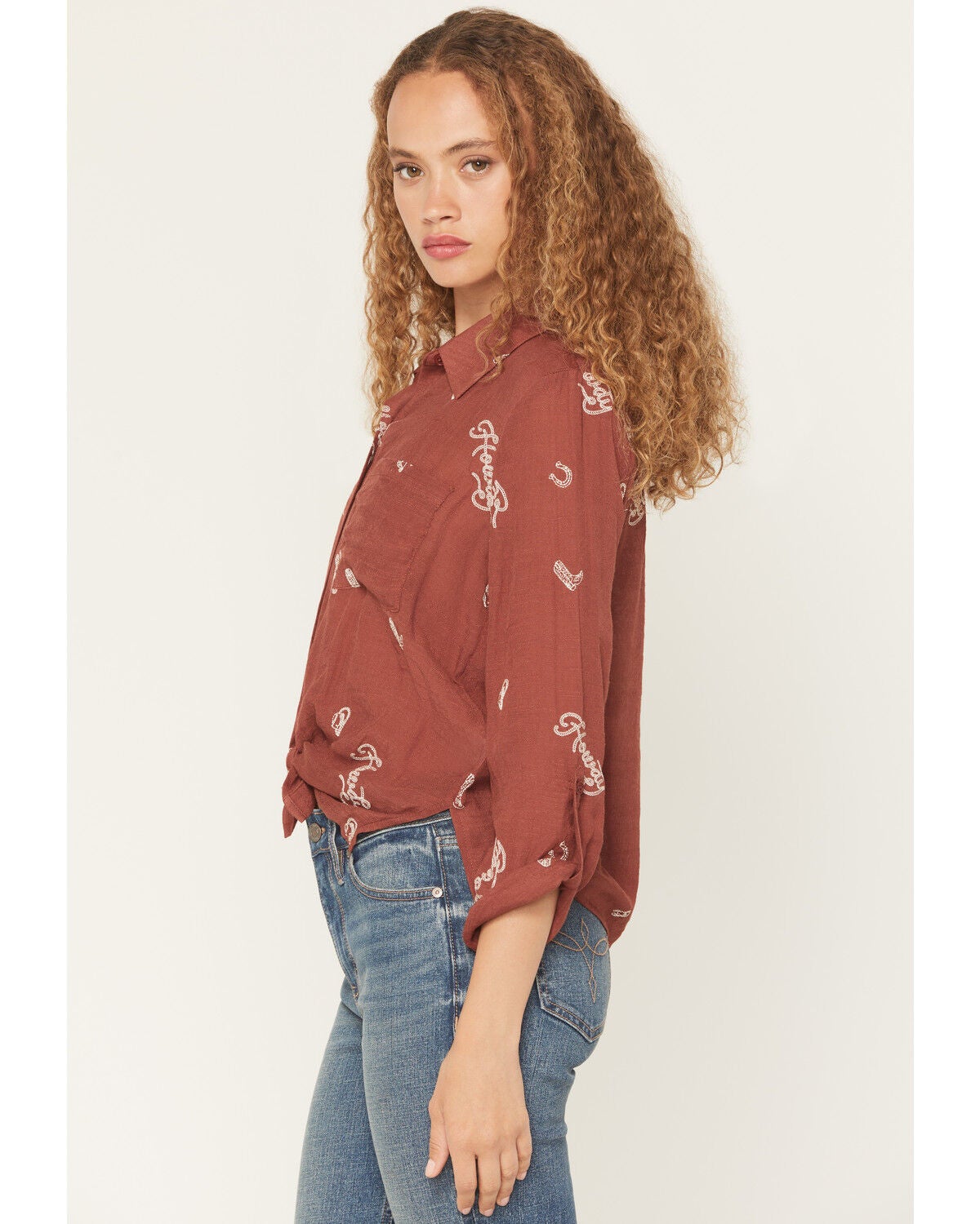 Image #2 - June & Hudson Women's Western Embroidered 3/4 Sleeve Button-Down Shirt, Dark Red, hi-res