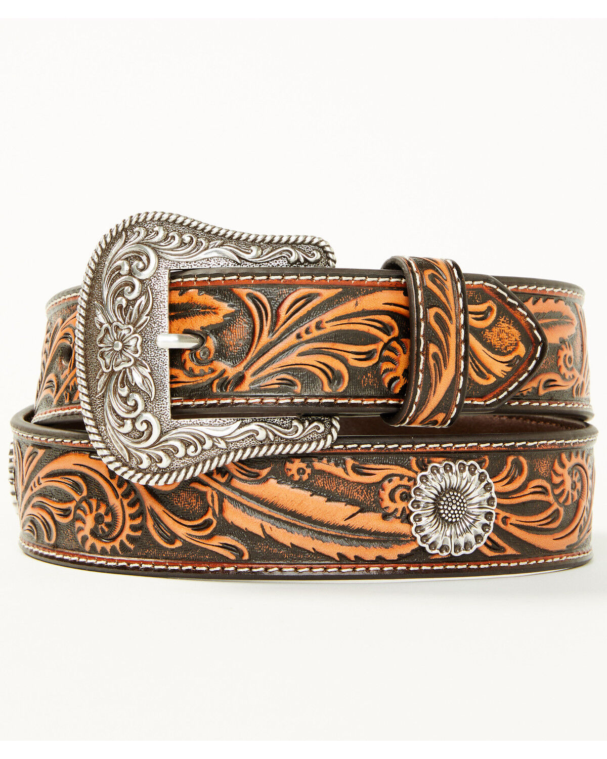 Image #1 - Shyanne Women's Floral Studded Tooled Belt, Brown, hi-res