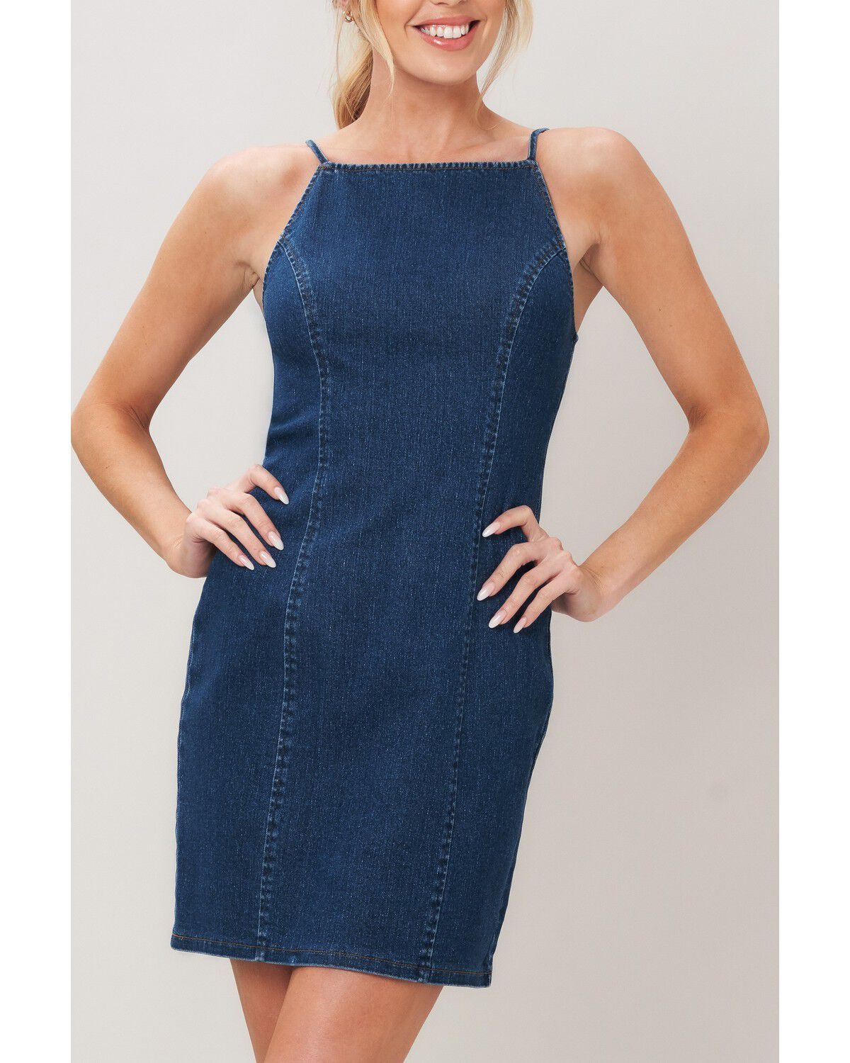 Image #2 - Flying Tomato Women's Second Skin Denim Mini Dress, Medium Wash, hi-res