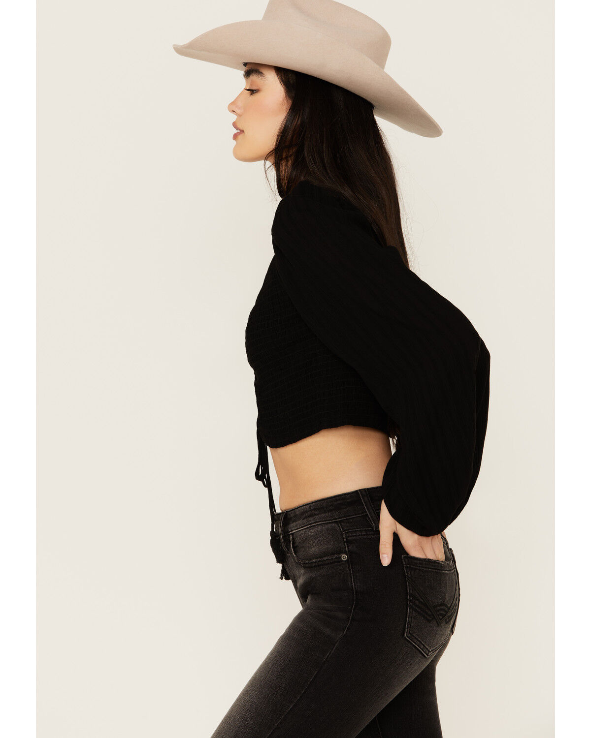 Image #2 - Idyllwind Women's Hazel Smocked Long Sleeve Cropped Blouse, Black, hi-res