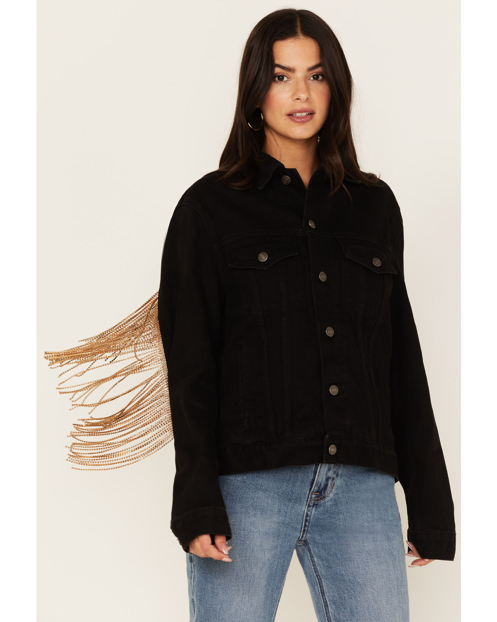 Black denim jacket gold buttons hotsell