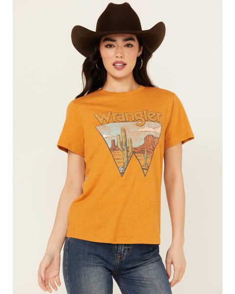 Image #1 - Wrangler Women's Logo Desert Scene Short Sleeve Graphic Tee , Orange, hi-res